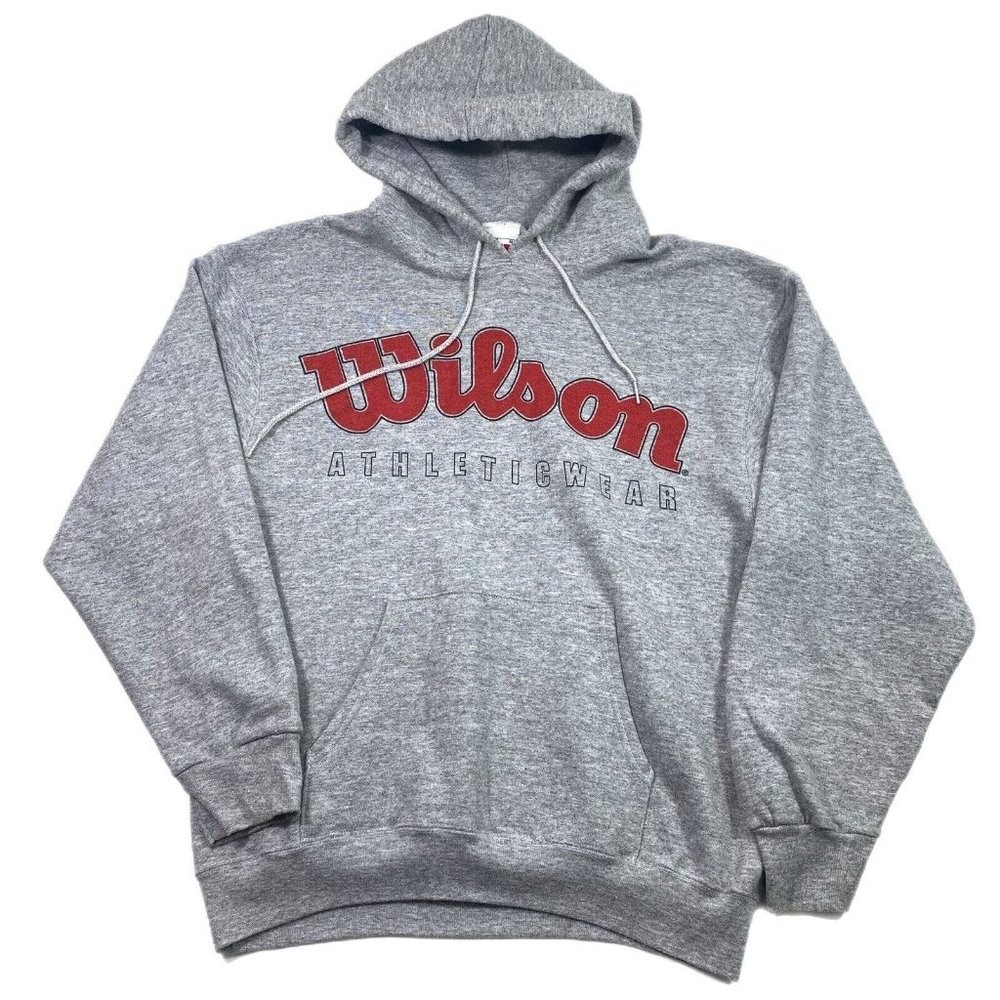 Vintage 90s Wilson Men’s Hoodie Hooded Sweatshirt Spell Out Big Logo Sz M Gray